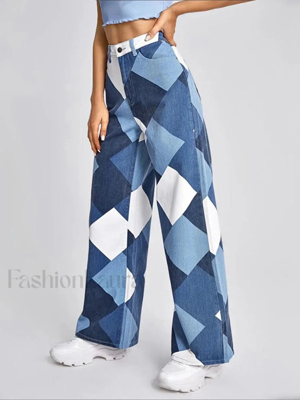 Color Block Argyle Print Wide Leg Jeans Jeans