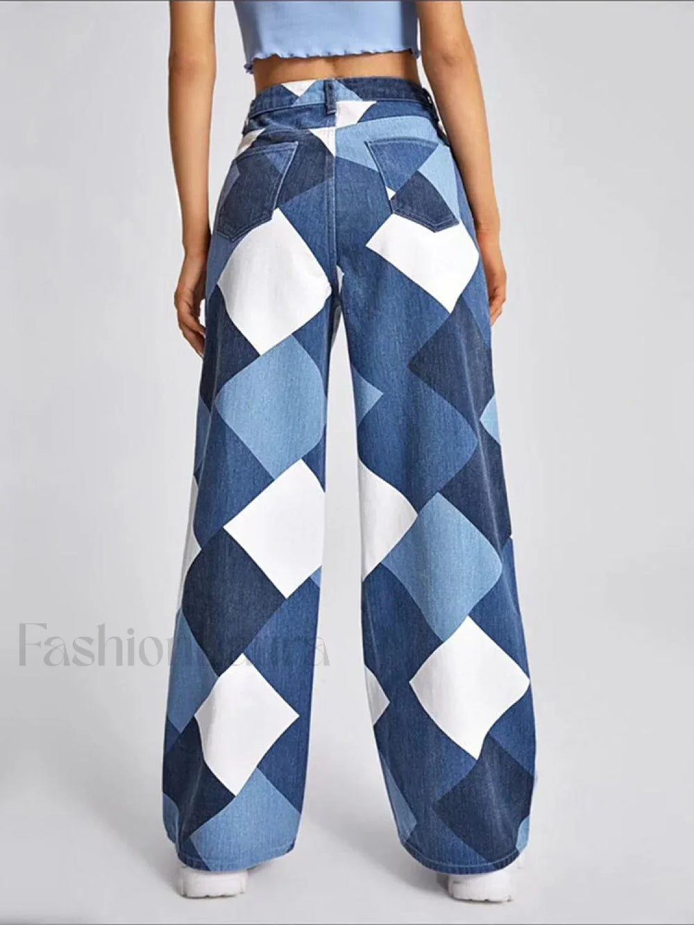 Color Block Argyle Print Wide Leg Jeans Jeans