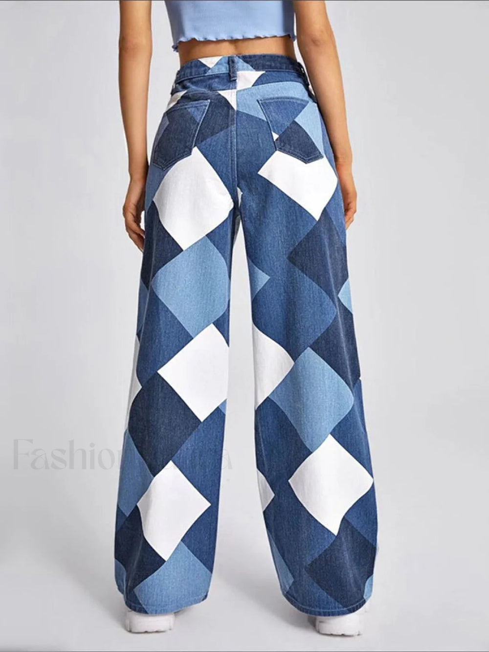 Color Block Argyle Print Wide Leg Jeans Jeans