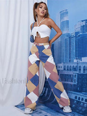 Color Block Argyle Print Wide Leg Jeans Pink / M Jeans