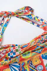 Color Block Neck Split Party Style Floral Dress