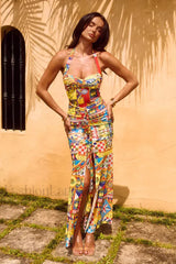 Color Block Neck Split Party Style Floral Dress Yellow / S