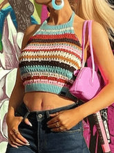 Color Block Stripe Knitted Halter Crop Cami Top Blue / S Tops&Tees