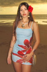 Colorful Printed Waist Slim Spice Girl Mini Dress Blue / S