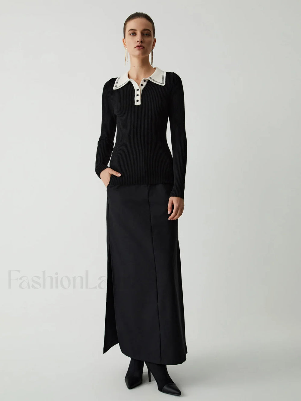 Contrast Collar Quarter Button Modern Long Sleeve Knit Top Sweaters L