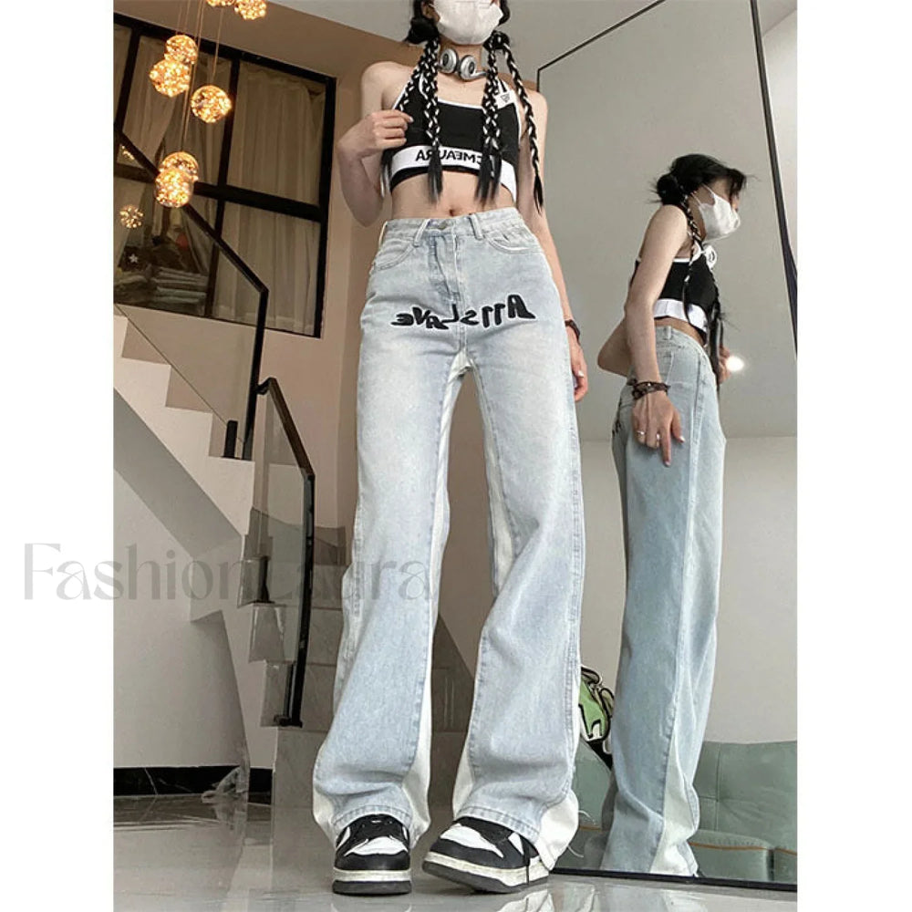 Contrast Letter Graceful Patchwork Straight Jeans Light Blue / L women clothing