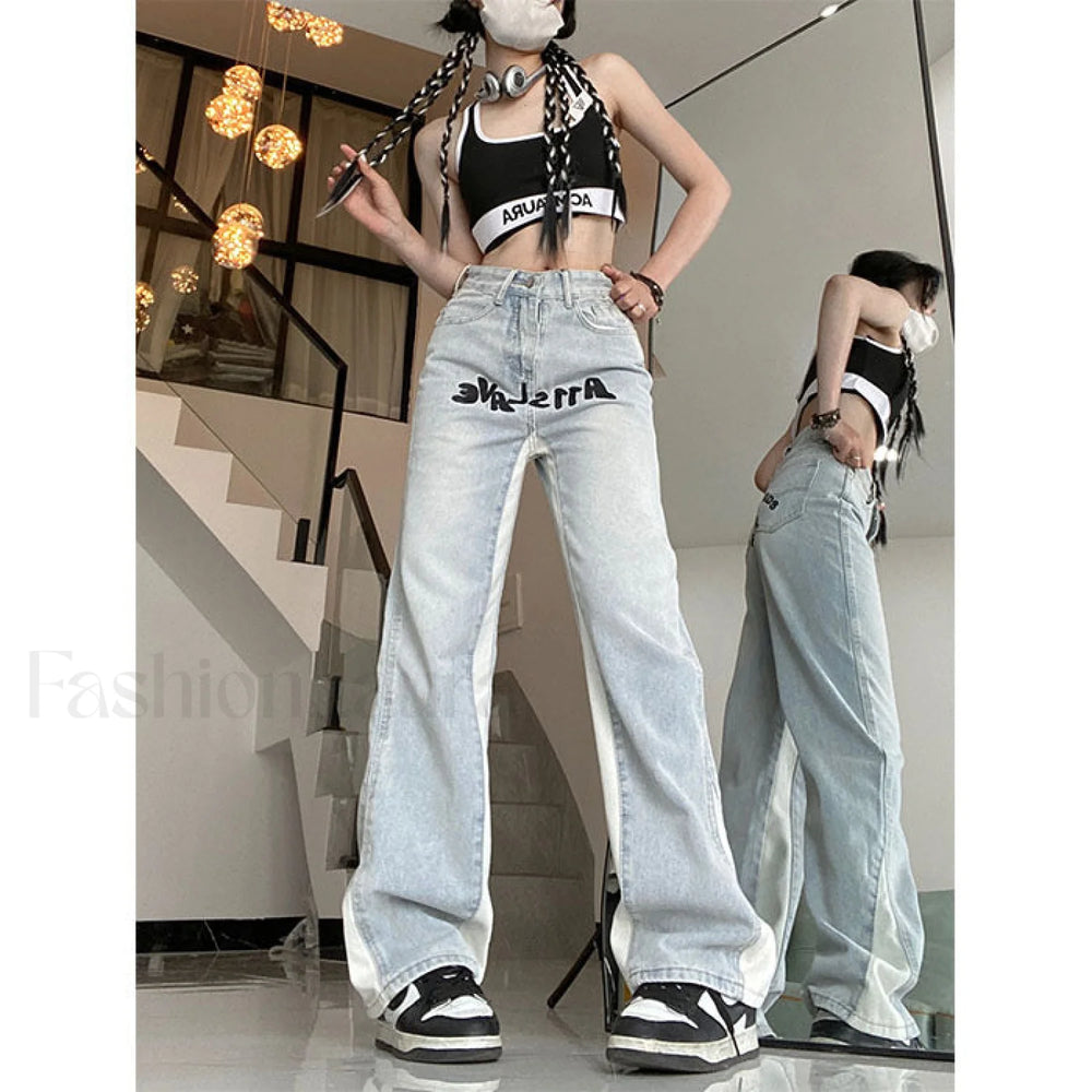 Contrast Letter Graceful Patchwork Straight Jeans women clothing