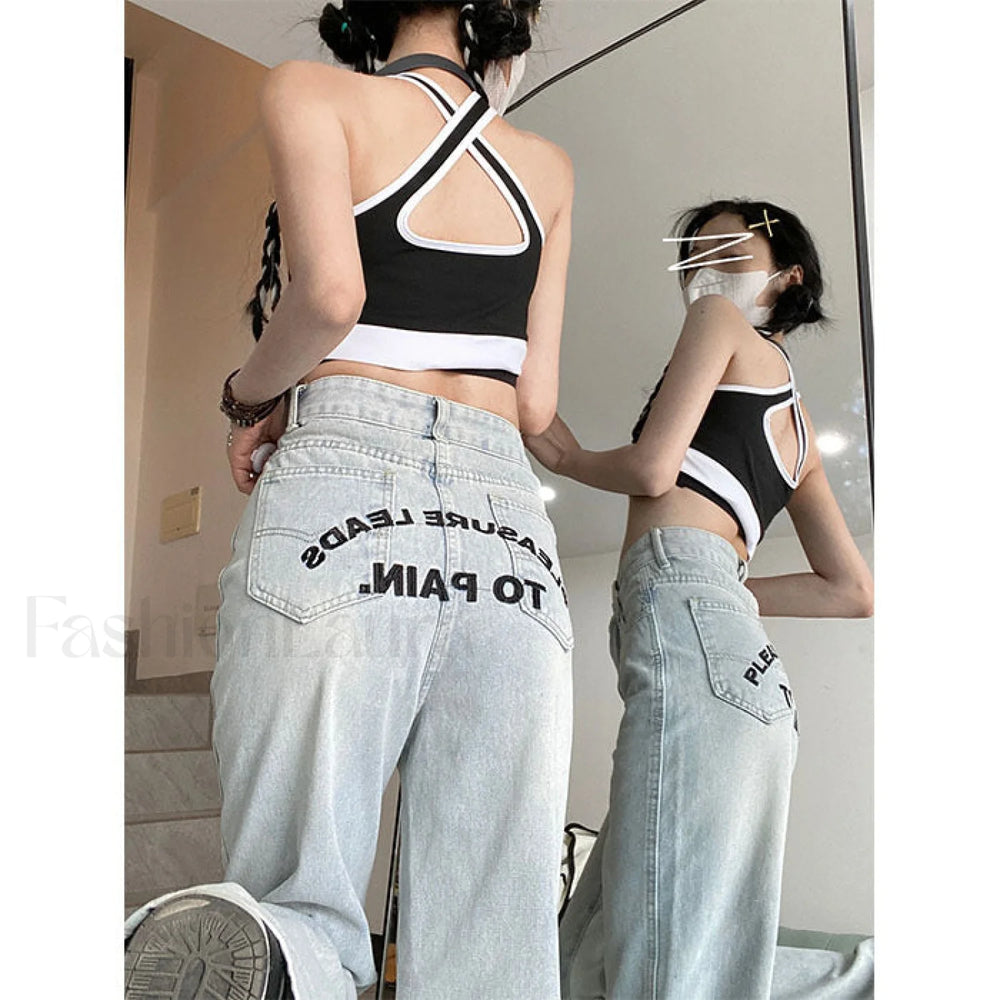 Contrast Letter Graceful Patchwork Straight Jeans women clothing