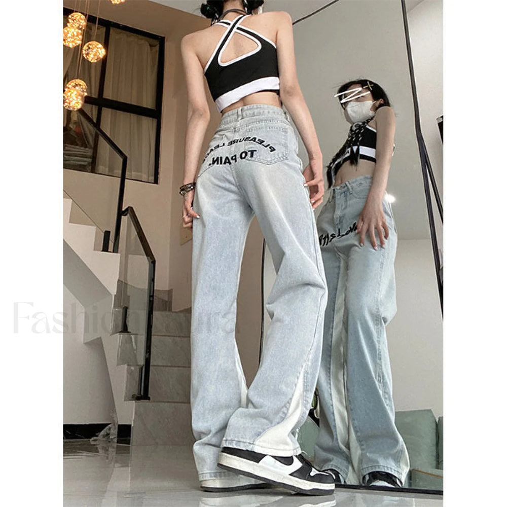 Contrast Letter Graceful Patchwork Straight Jeans women clothing