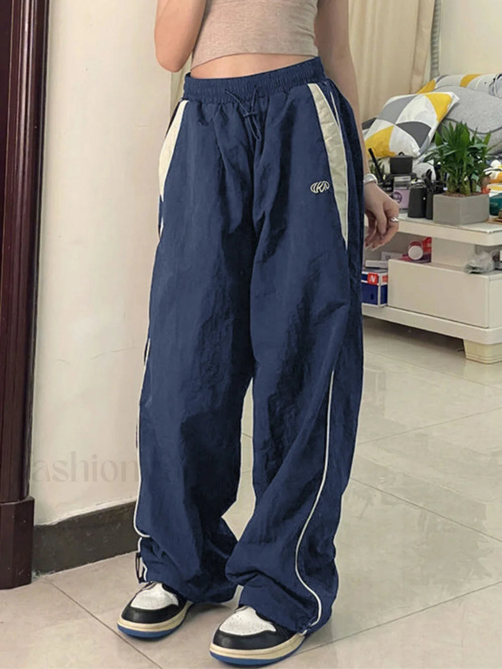 Contrast Piping Black Baggy Sweatpants Navy Blue / M Wide Leg Pants