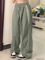 Contrast Piping Black Baggy Sweatpants Wide Leg Pants