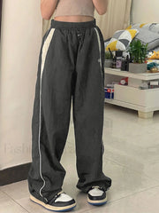 Contrast Piping Black Baggy Sweatpants Wide Leg Pants