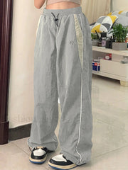 Contrast Piping Black Baggy Sweatpants Wide Leg Pants