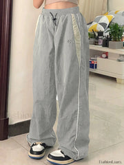 Contrast Piping Black Baggy Sweatpants Wide Leg Pants