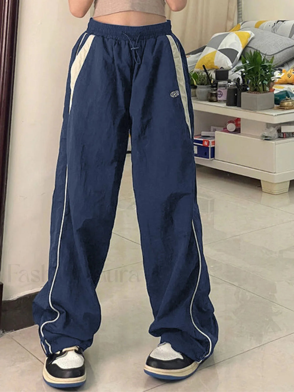 Contrast Piping Black Baggy Sweatpants Wide Leg Pants