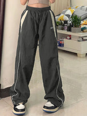 Contrast Piping Black Baggy Sweatpants Wide Leg Pants