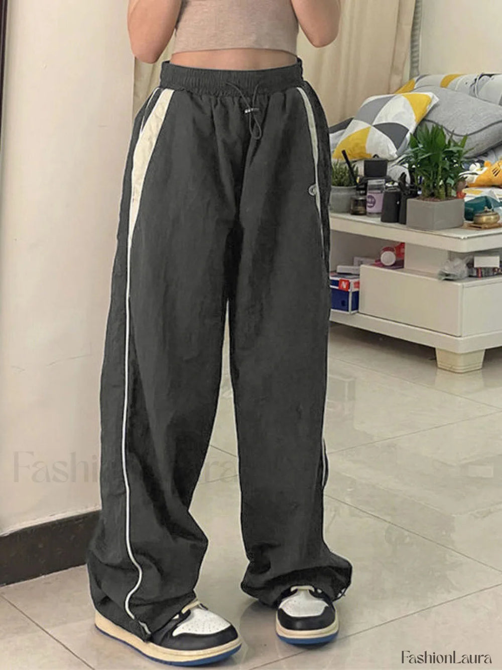 Contrast Piping Black Baggy Sweatpants Wide Leg Pants