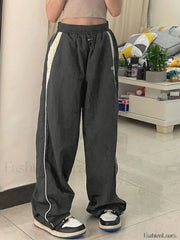 Contrast Piping Black Baggy Sweatpants Wide Leg Pants