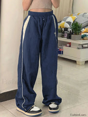 Contrast Piping Black Baggy Sweatpants Wide Leg Pants
