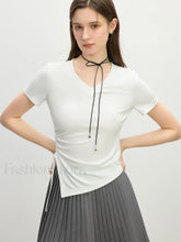 Cooling V Neck Drawstring Crop T Shirt WHITE / S