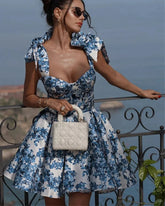 Corset Lace Up Floral Dress Blue / S