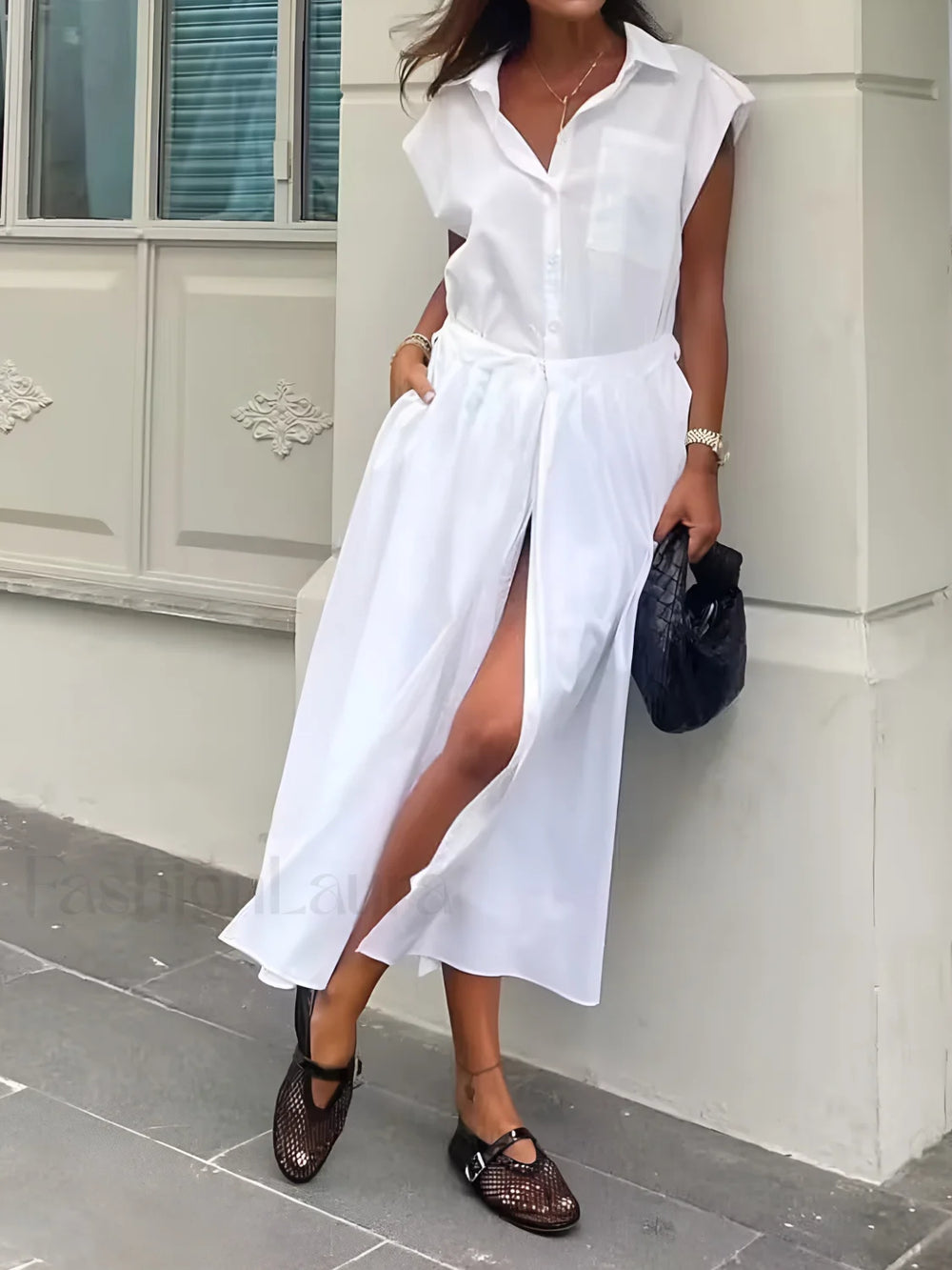 Cotton Blends Sleeveless Trendy Split Midi Dress White / XS Dresses