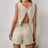Cotton Linen Backless Pocket Shorts Two Piece Set