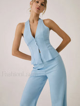 Cotton & Linen Vest With Straight Leg Pants Set LightBlue / XS Pant Sets
