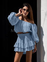 Cotton Long Sleeve Slash Neck Skirt Two Piece Set Blue / S