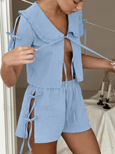 Cotton V Neck Lace Shorts Two Piece Set Blue / S