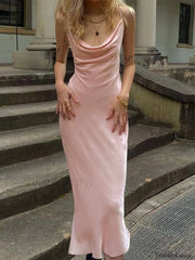 Cowl Neck Split Party Maxi Dress Pink / S Maxi Dresses