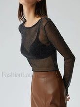 Crew Neck Sequined Trendy Long Sleeve Mesh Shirt Black / XS T Shirts