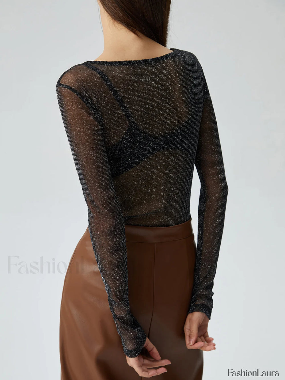 Crew Neck Sequined Trendy Long Sleeve Mesh Shirt T Shirts