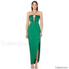 Crisscross Trim Ruched Cut Out Sleeveless Slit Gown Maxi Dress Green S / Green Formal Dresses
