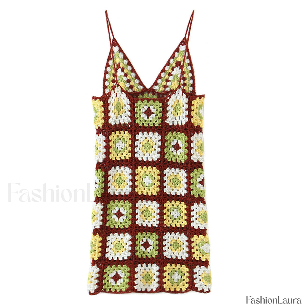 Crochet Knit Granny Square Patterns Slip Mini Dress Burgundy One Size / Burgundy Sweater Dresses