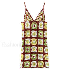 Crochet Knit Granny Square Patterns Slip Mini Dress Burgundy One Size / Burgundy Sweater Dresses