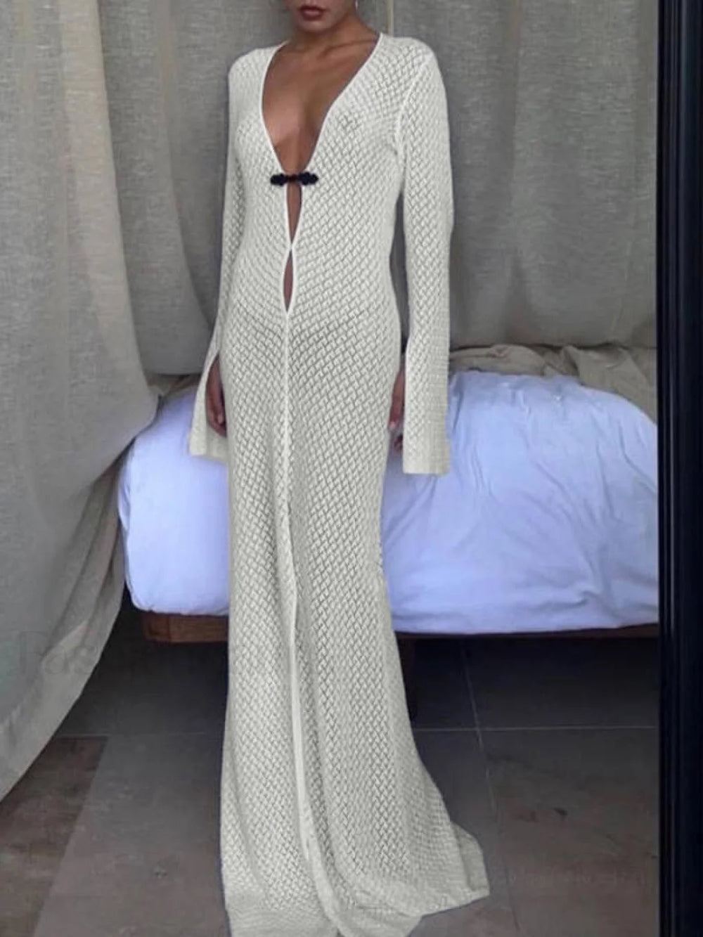 Crochet Long Sleeve Maxi Beach Dress White / S Maxi Dresses