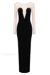Crystal Mesh Long Charming Sleeve Velvet Dress XS / Black