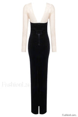 Crystal Mesh Long Charming Sleeve Velvet Dress