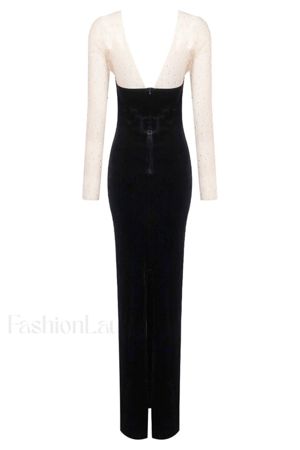 Crystal Mesh Long Charming Sleeve Velvet Dress