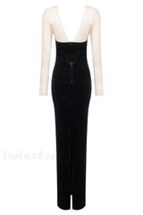 Crystal Mesh Long Charming Sleeve Velvet Dress