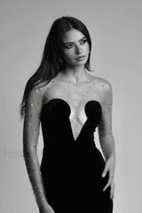 Crystal Mesh Long Charming Sleeve Velvet Dress