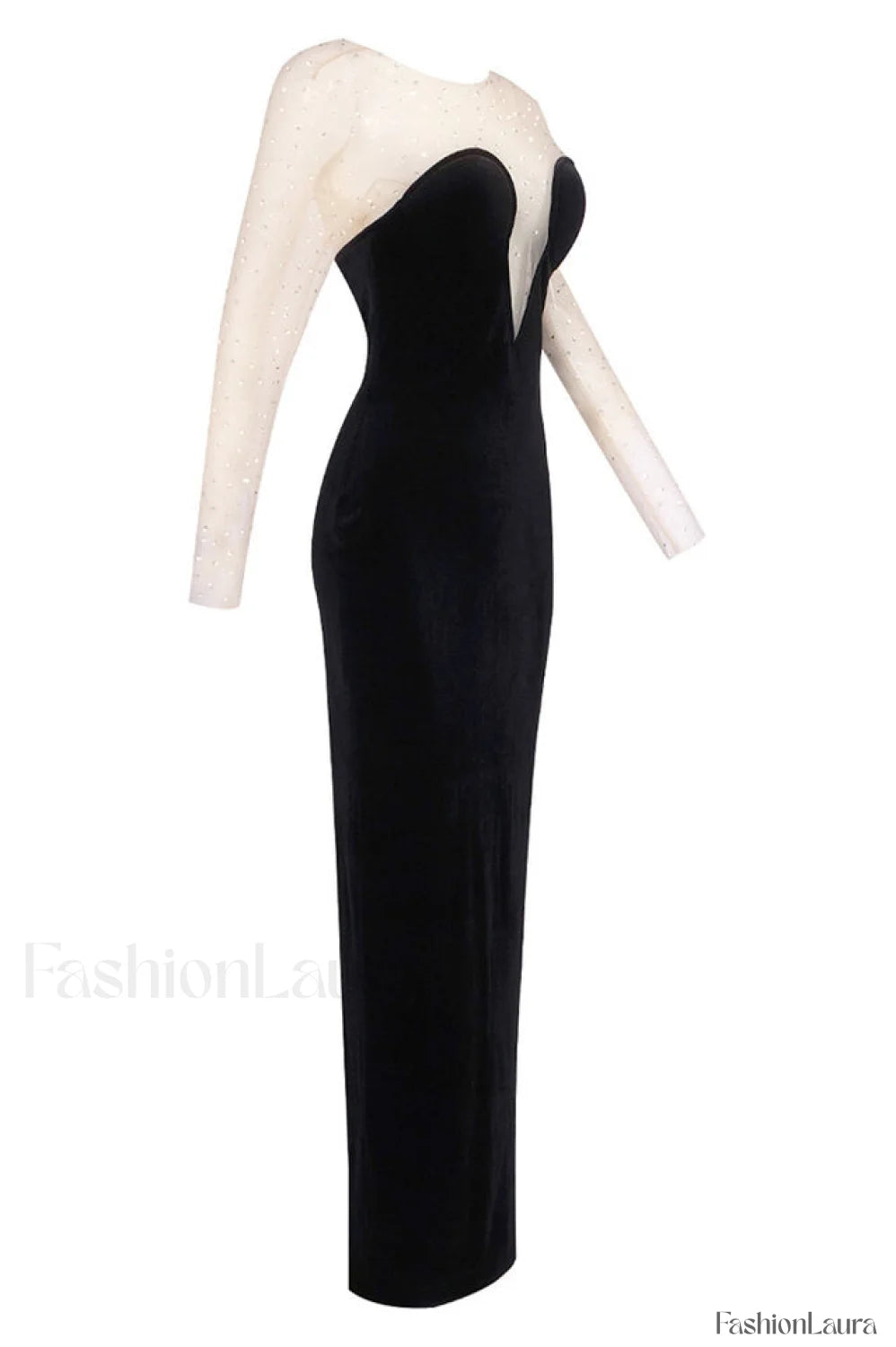 Crystal Mesh Long Charming Sleeve Velvet Dress