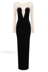 Crystal Mesh Long Charming Sleeve Velvet Dress XS / Black