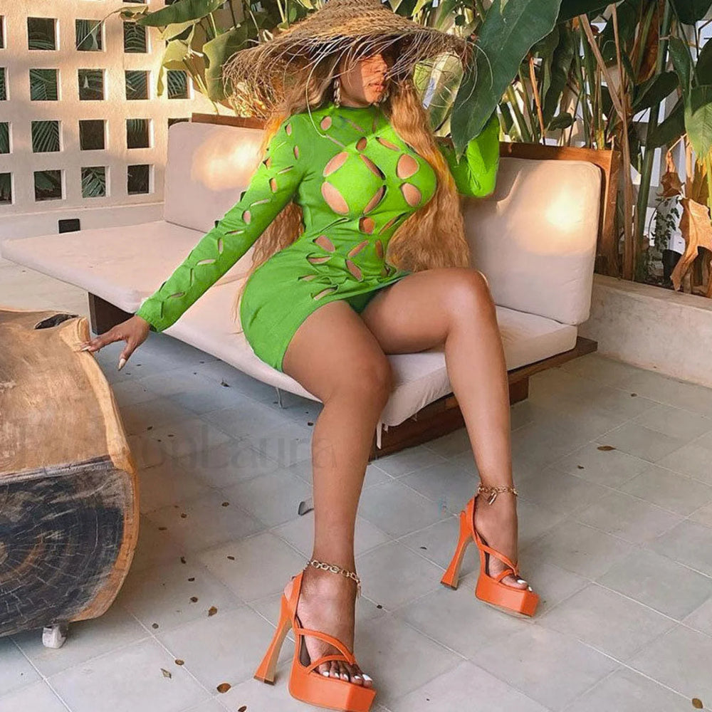 Cut Out Crew Neck Long Sleeve Bodycon Party Mini Dress Green M / Green Party Dresses L