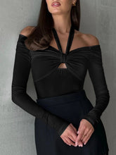 Cut Out Knotted Trendy Long Sleeve Halter Shirt Black / S T Shirts