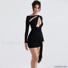 Cut Out Mesh Long Sleeve Wrap Bodycon Party Mini Dress Black M / Black Party Dresses L