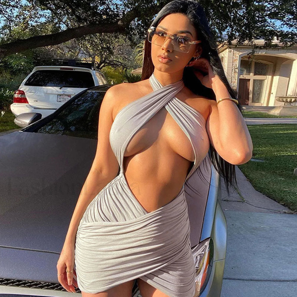 Cutout Front Cross Halter Neck Ruched Bodycon Mini Dress Gray M / Gray Party Dresses L