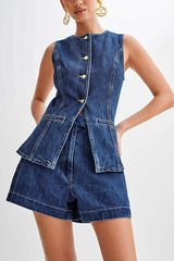 Casual High Waist Vest Denim Shorts Set