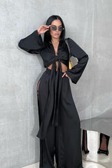 Tie Front Crop Top Split Hem Pants Set